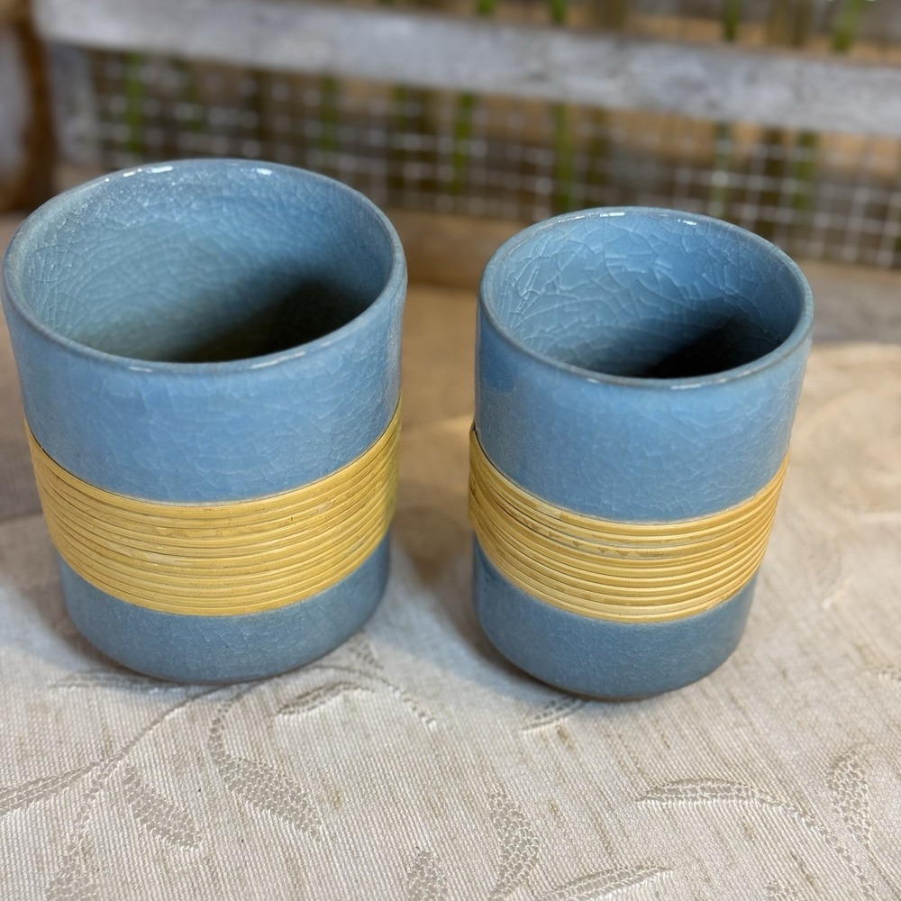 Vtg Tea Cups Crackled Pottery Blue and Bamboo Wrapped. Sake Or Tea. Set of 2